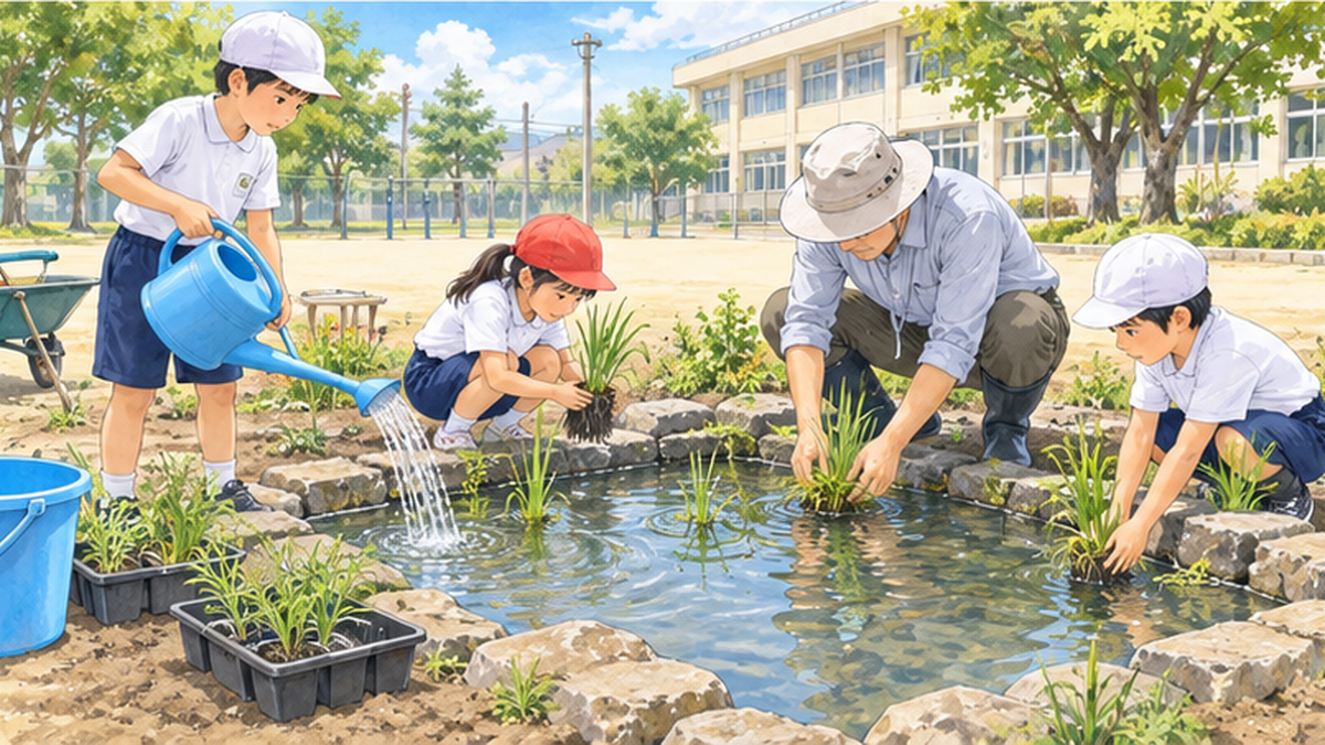 造成されたばかりの学校ビオトープの池に水を張り、水草を植える作業の様子