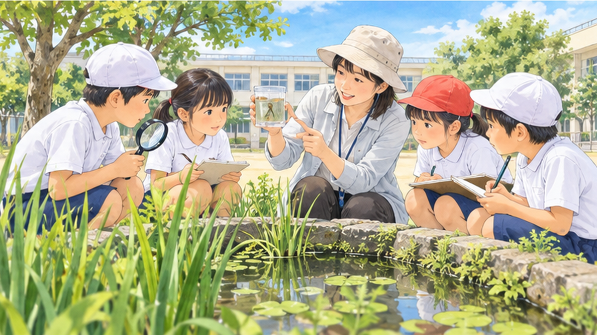理科の授業で校庭のビオトープを観察する児童たちのイラスト