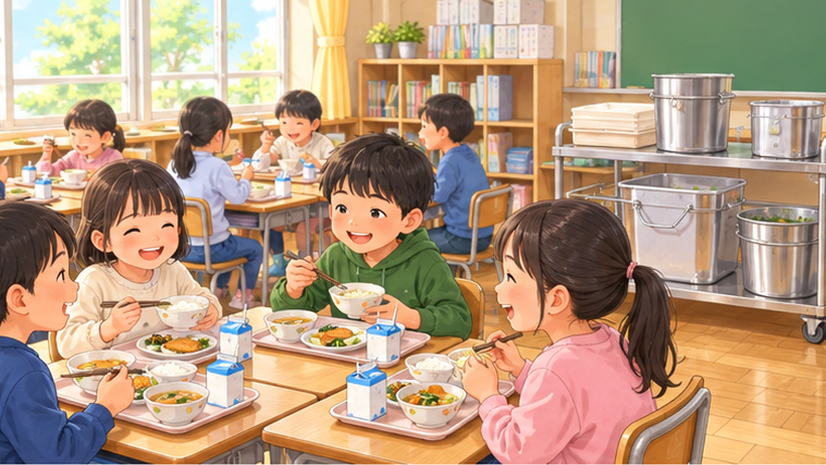 学校の教室で子どもたちが給食を食べている場面と、残った給食を返却するワゴン
