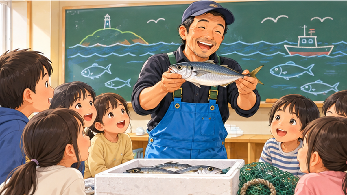 漁師が小学校の教室で子どもたちに魚を見せている交流授業の様子