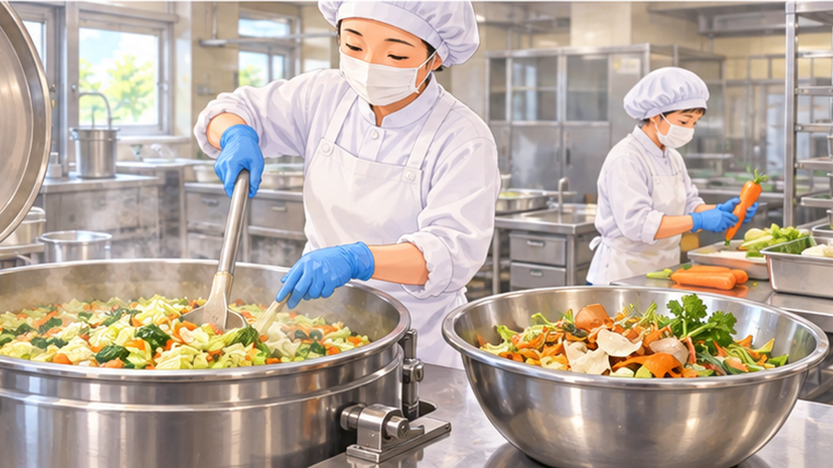 給食室で調理員が大きな鍋で野菜を調理し、皮や茎を使い切っている様子