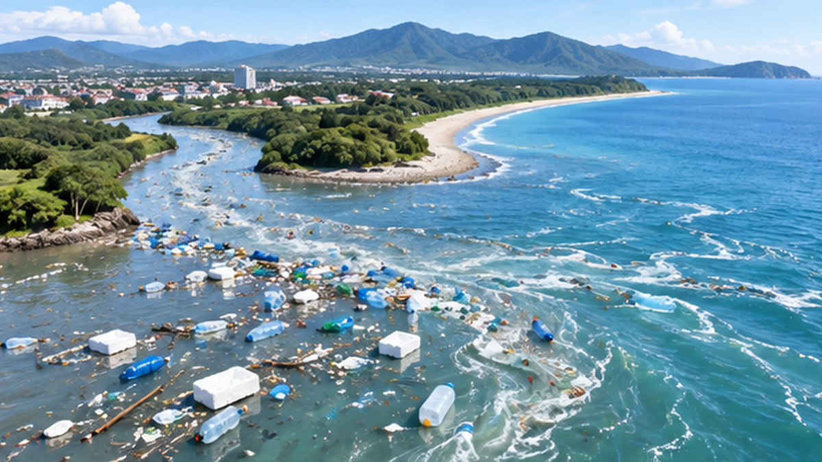 河川から海へプラスチックごみが流れ込む様子を俯瞰したイラスト