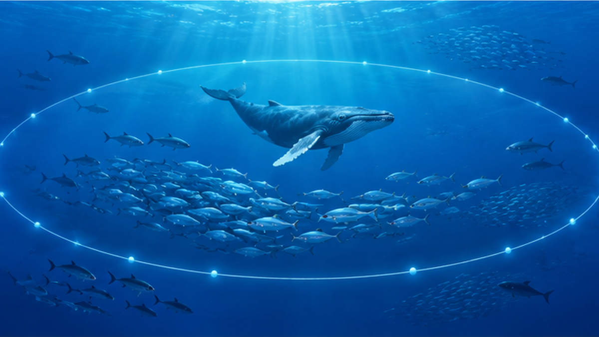 公海に浮かぶ海洋保護区の境界線と、その中を泳ぐ魚群やクジラを描いたイラスト