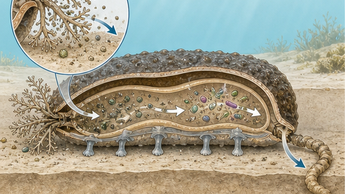 Diagram of a sea cucumber gathering sand with its oral tentacles and excreting sandy faeces from the rear