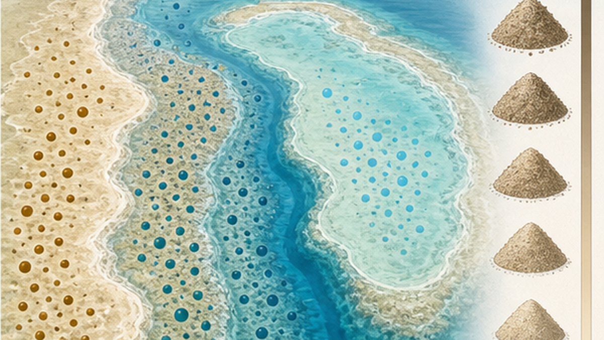 Diagram showing the scale of sediment processed annually by sea cucumbers across an entire coral reef