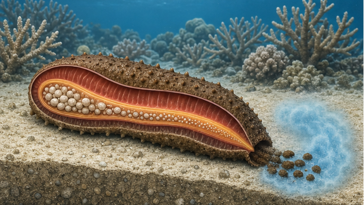 Diagram showing calcium carbonate sand dissolving in a sea cucumber's gut and being excreted as high-alkalinity faeces