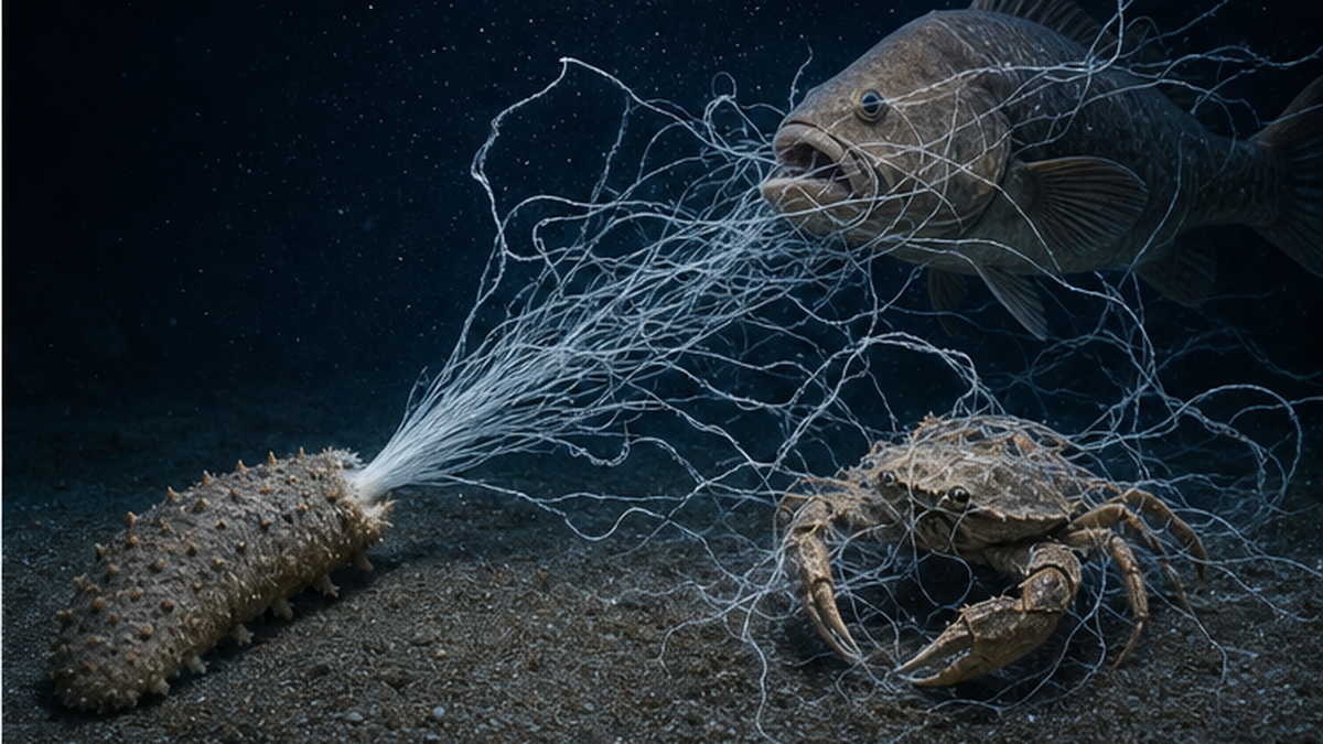 Illustration of a sea cucumber defending itself by ejecting sticky threads toward a predator