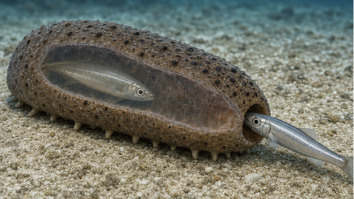 Illustration of a pearlfish entering a sea cucumber tail-first