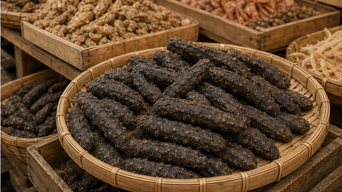 Illustration of dried sea cucumbers on display at a market