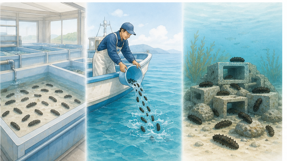 Diagram of juvenile sea cucumber production, release and artificial habitat structures