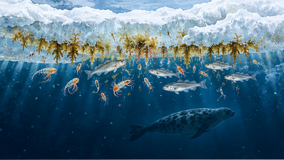 海氷の底面に付着する氷藻とそれを食べる生物の断面図