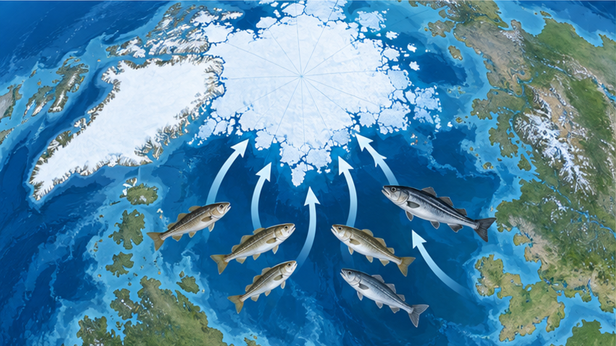 北へ移動する魚の分布を示す北極海の模式図