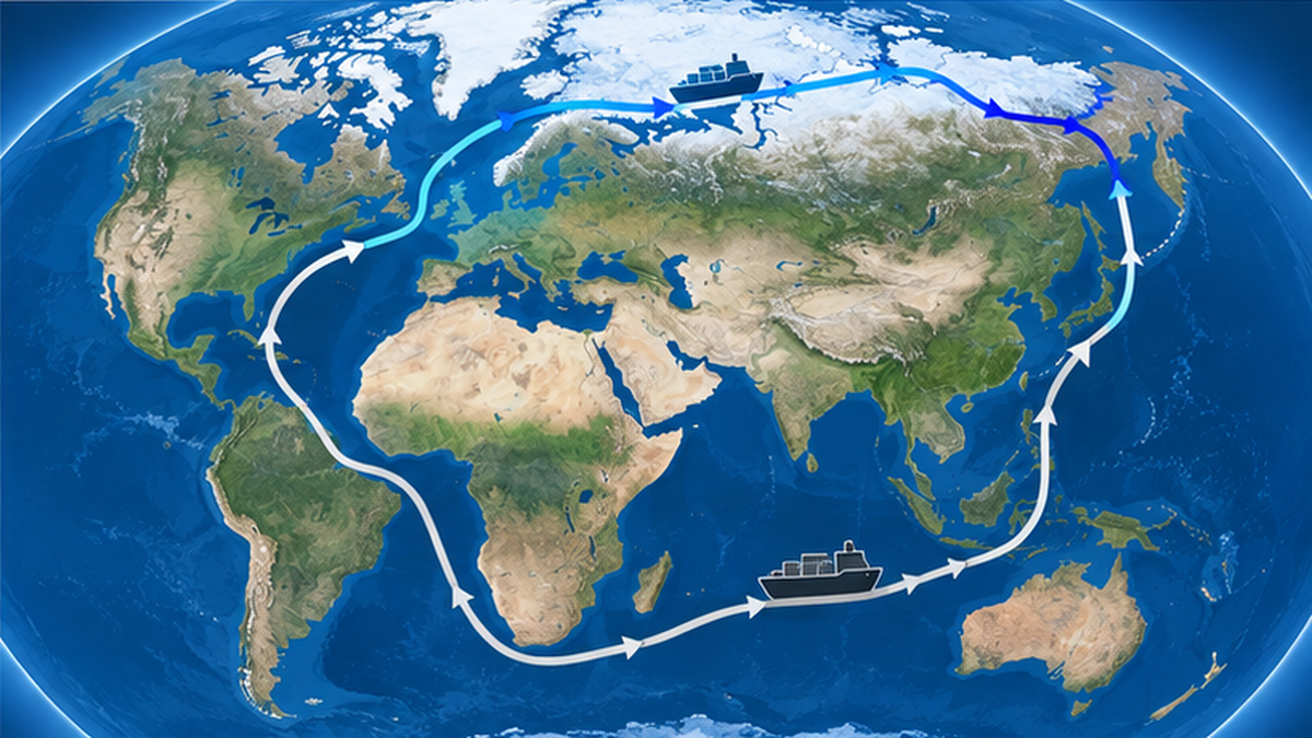 北極海航路と南回り航路の距離を比べる地図