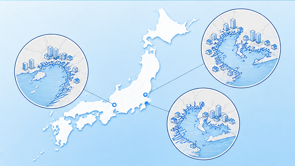 東京湾・伊勢湾・大阪湾のゼロメートル地帯に人口と資産が集中する様子を示す地図風の図解