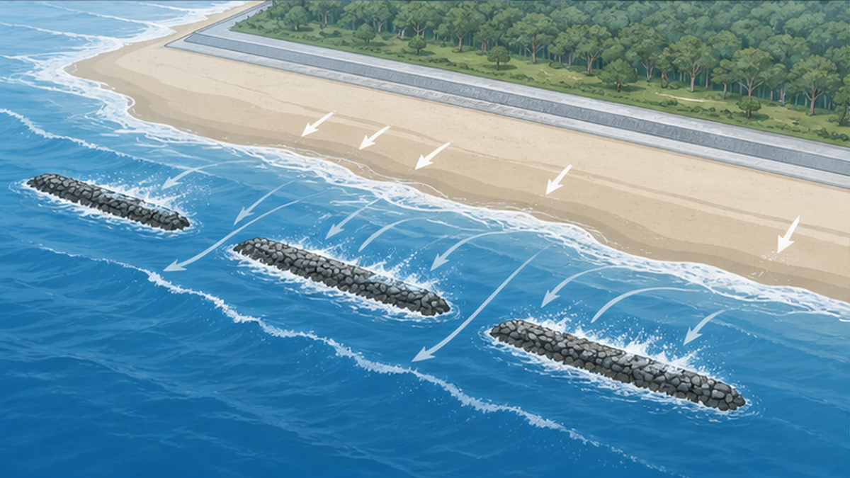 養浜・離岸堤・堤防を組み合わせた面的防護方式で守られる海岸のイメージ図