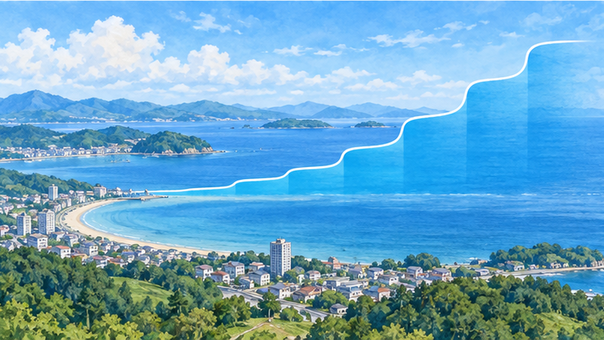 世界平均海面水位の上昇率が段階的に速まるイメージ