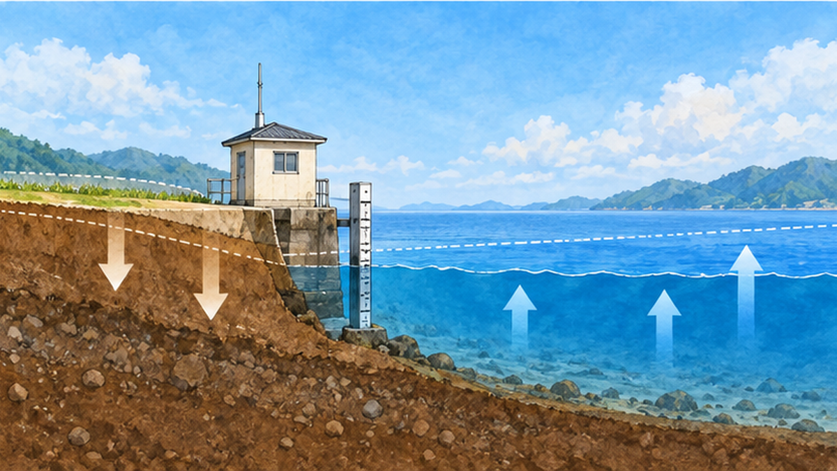 地盤の上下動と海面の変化が合わさって水位として記録されるイメージ