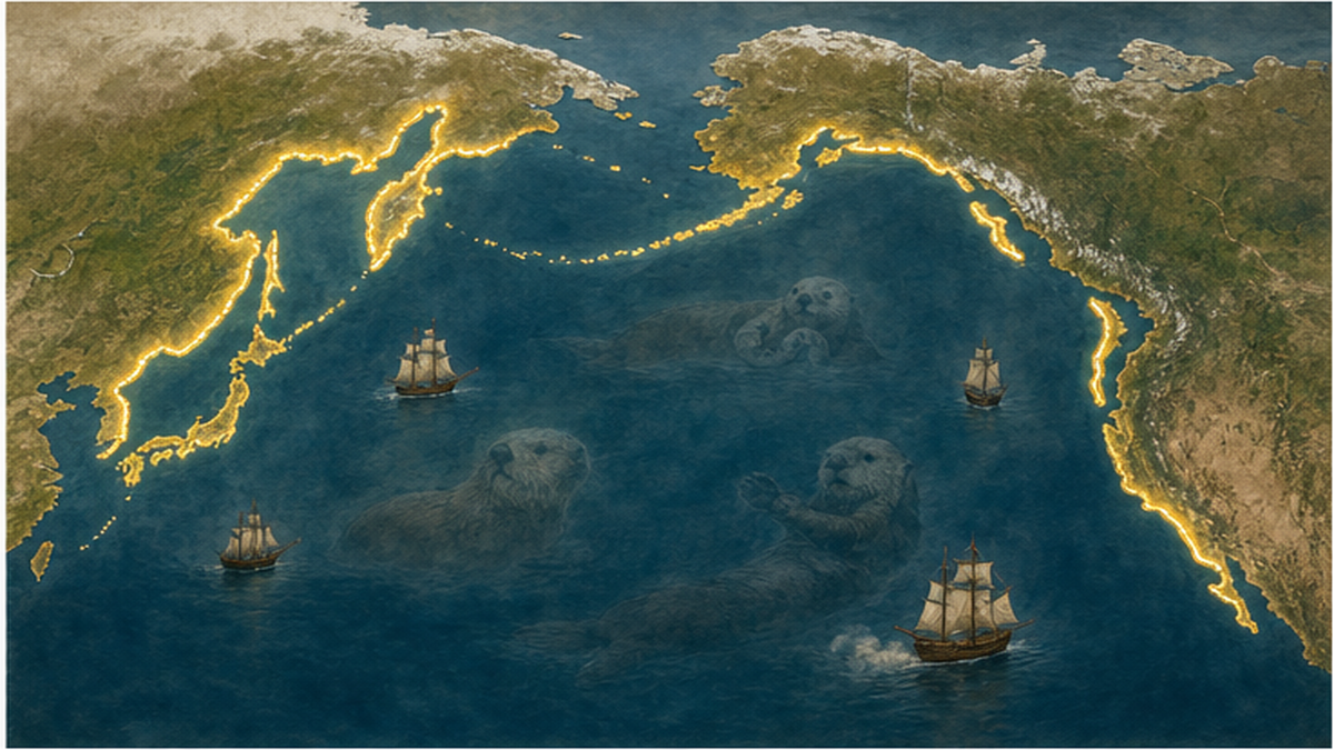 18〜19世紀のラッコ毛皮交易で分布域が縮小していく様子を示した地図イメージ