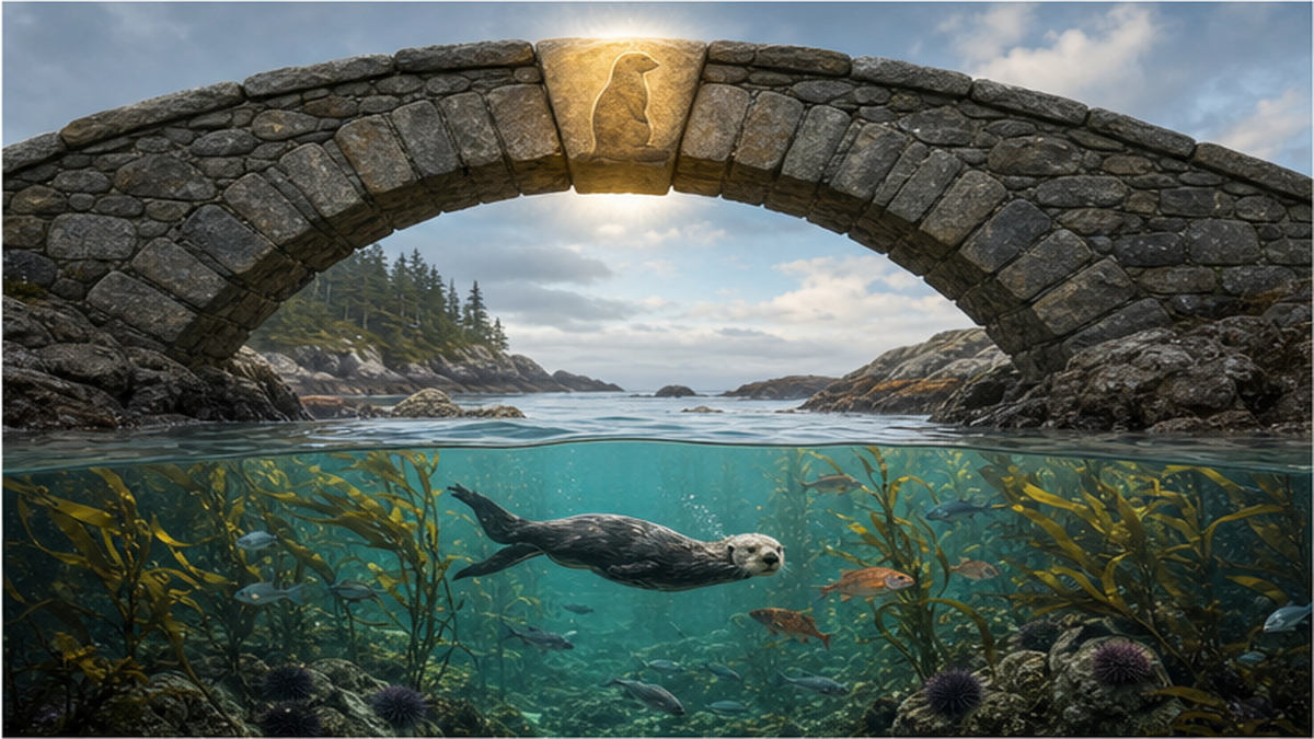 石造りのアーチ橋の頂点にある要石と、海の生態系を重ね合わせた比喩イラスト