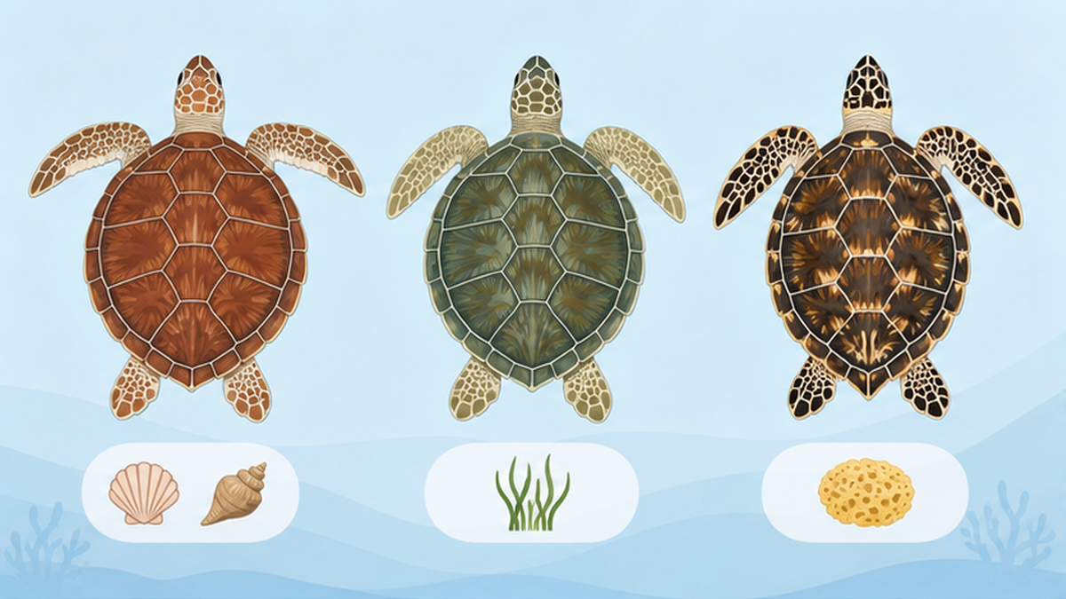 アカウミガメ・アオウミガメ・タイマイの3種を並べた比較図解
