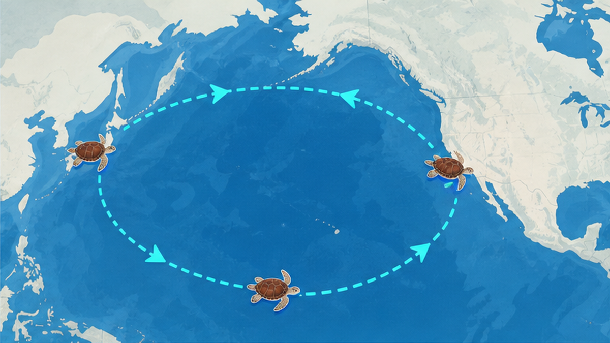 黒潮に乗って太平洋を回遊するアカウミガメの経路を示した地図イラスト