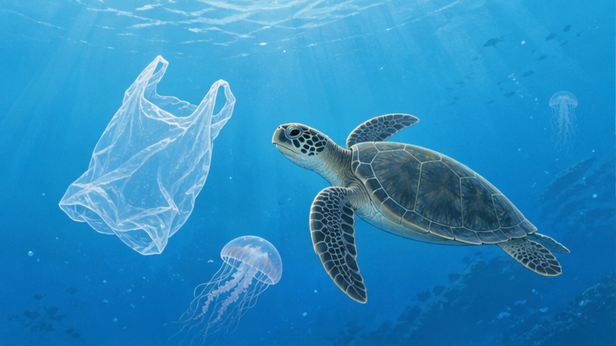 海中で漂うレジ袋をクラゲと間違えて近づくウミガメのイラスト