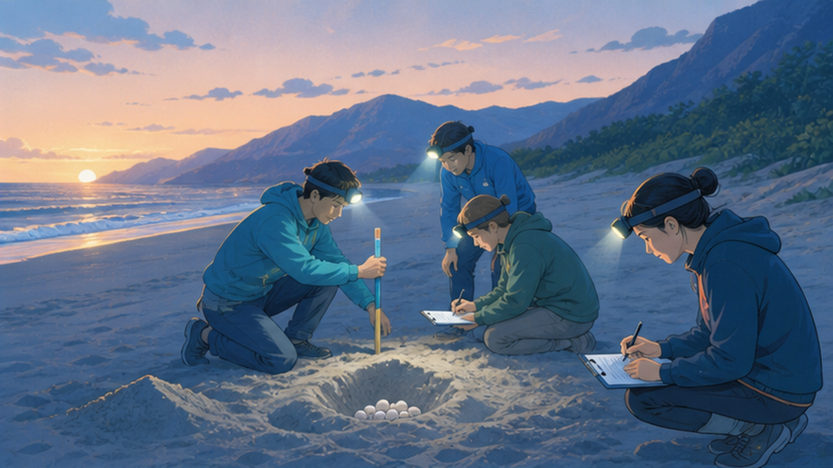 屋久島・永田浜でウミガメの産卵巣を調査するボランティアの様子のイラスト