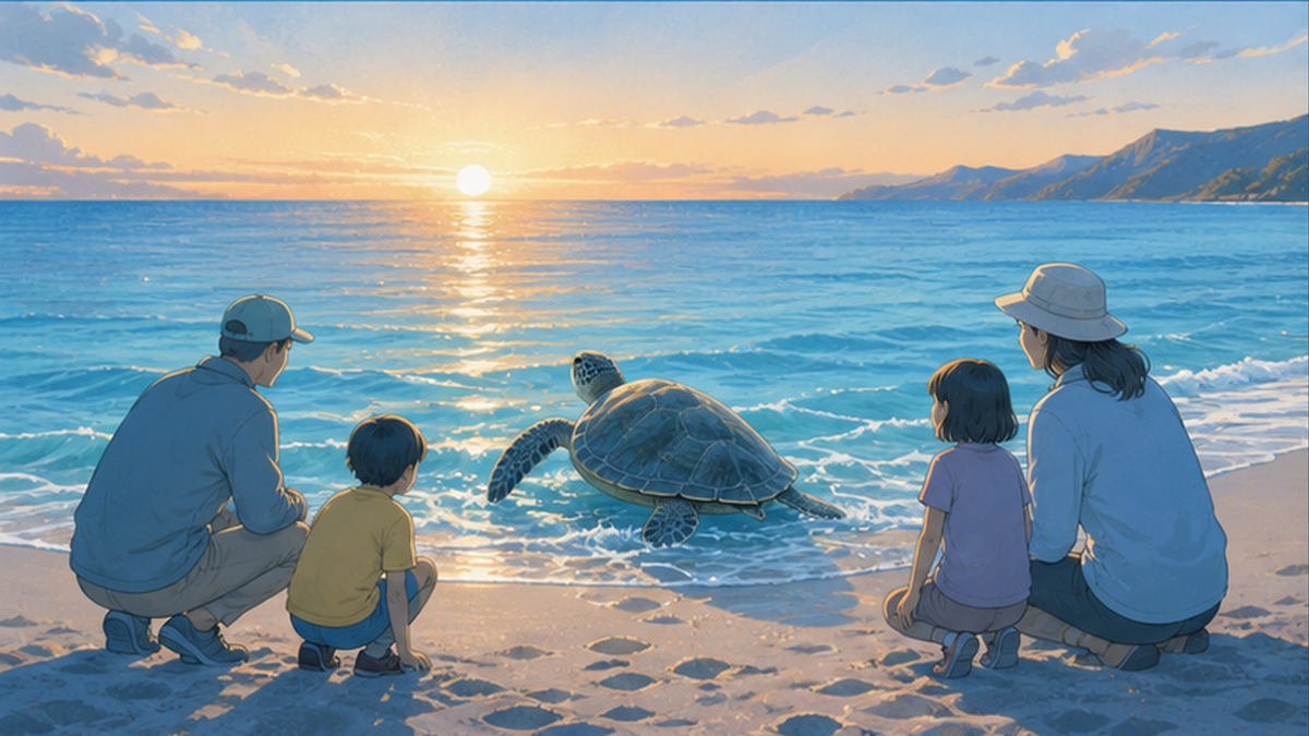 海へ帰るアオウミガメと、それを見送る人々の希望に満ちたイラスト