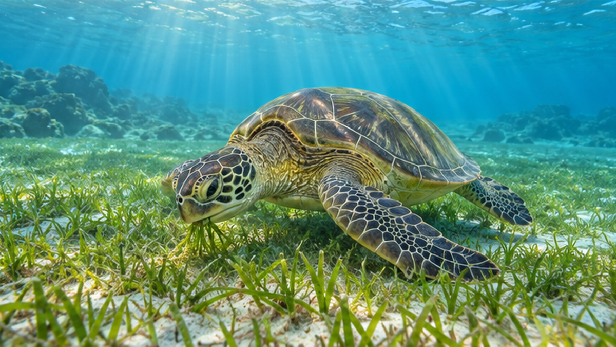 在海草场中啃食海草的绿海龟意象