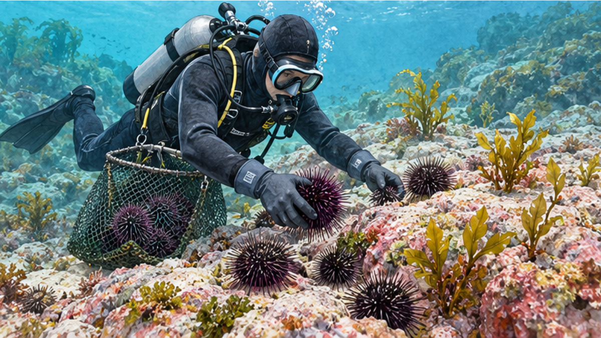 ダイバーが海底でウニを取り除く様子と、新芽が出始めた岩場を示す説明図