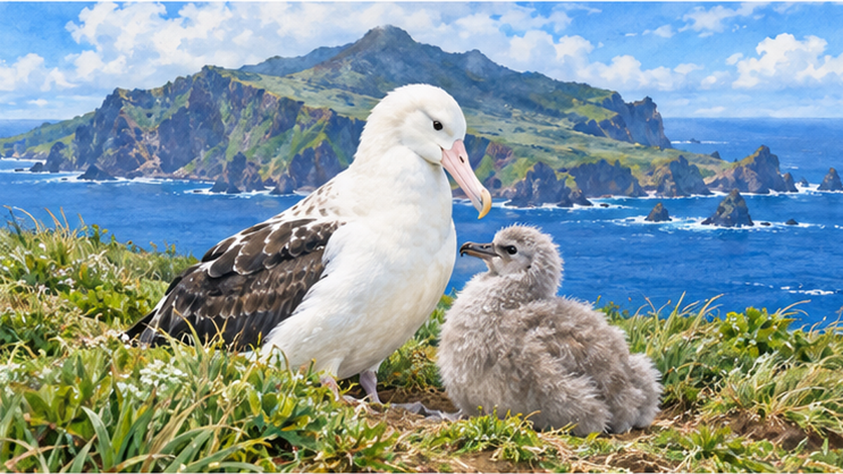 鳥島の斜面で営巣するアホウドリの親子のイメージ図