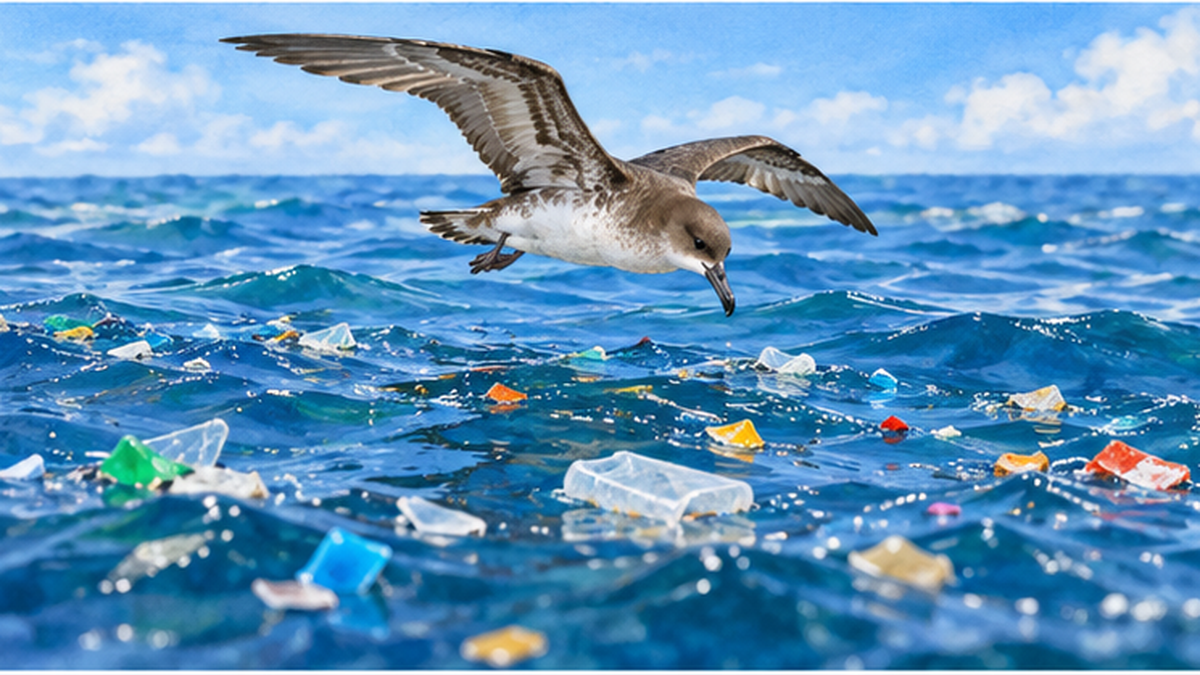 海面に浮かぶプラスチック片と海鳥のイメージ図