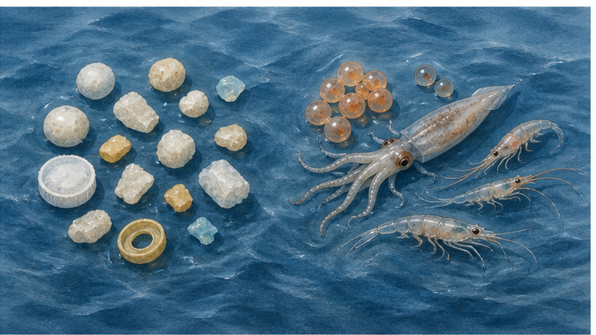 海面のプラスチック片と魚卵・オキアミなど本物の餌を見比べる図解