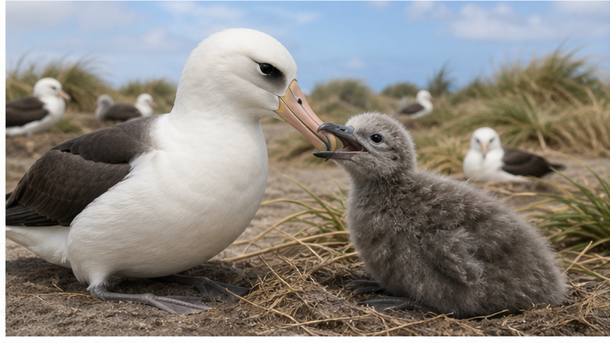 親のコアホウドリがヒナに吐き戻しで給餌する様子