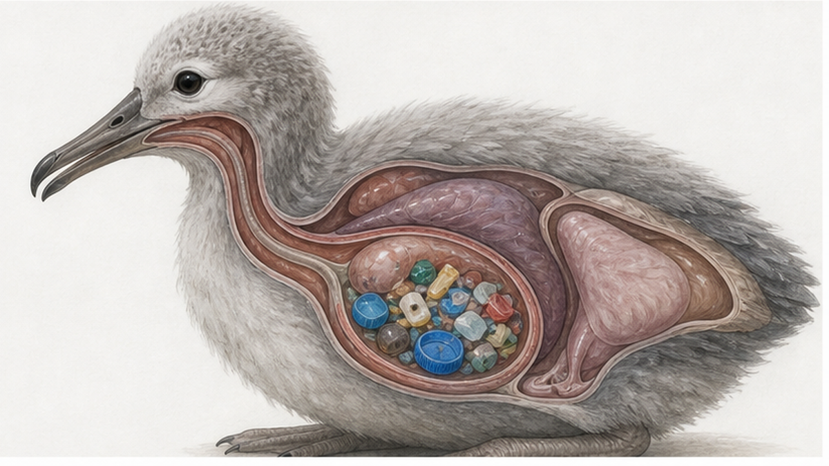 ヒナの胃にたまったプラスチック片を示す断面図解