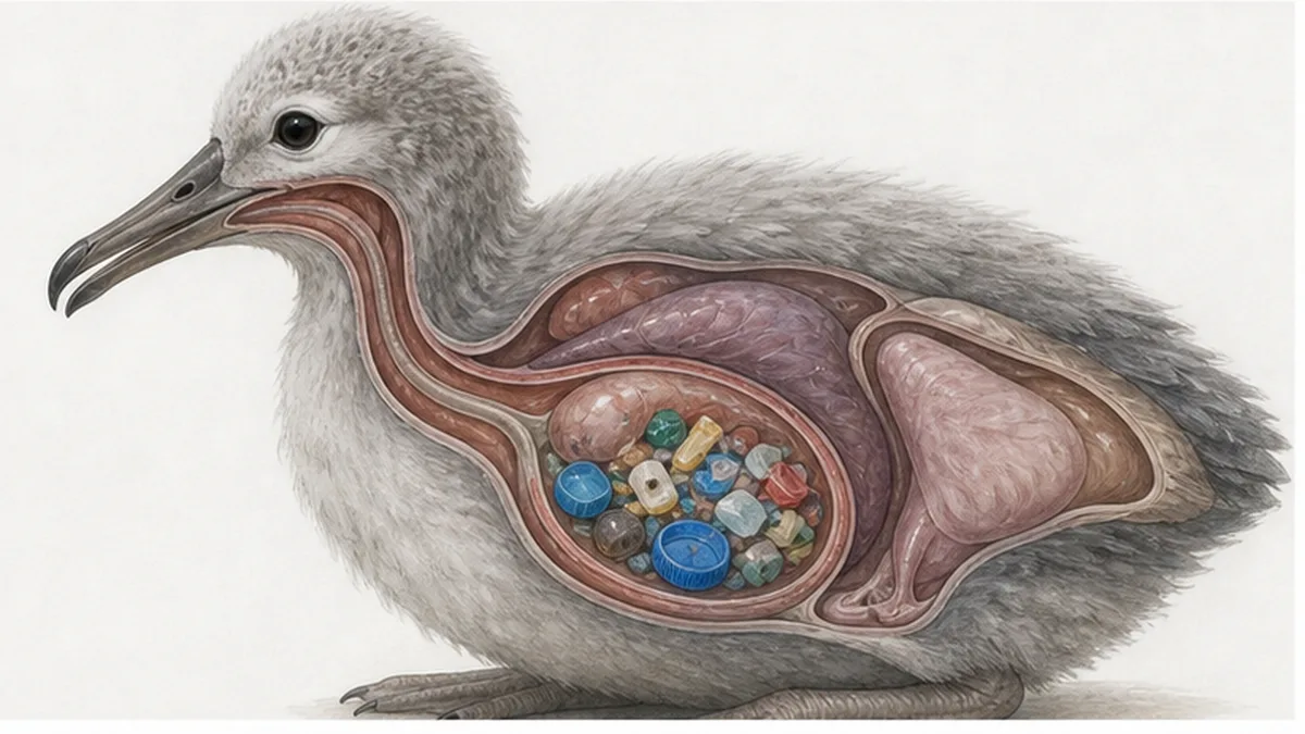 ヒナの胃にたまったプラスチック片を示す断面図解