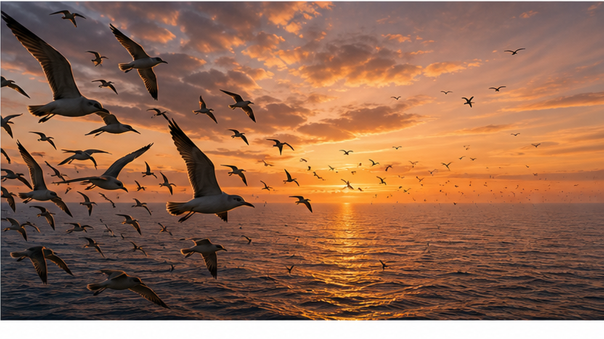 海の上を飛ぶ海鳥の群れが減っていく様子を象徴的に描いたイラスト