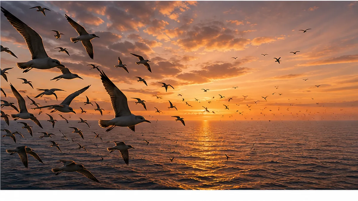 海の上を飛ぶ海鳥の群れが減っていく様子を象徴的に描いたイラスト