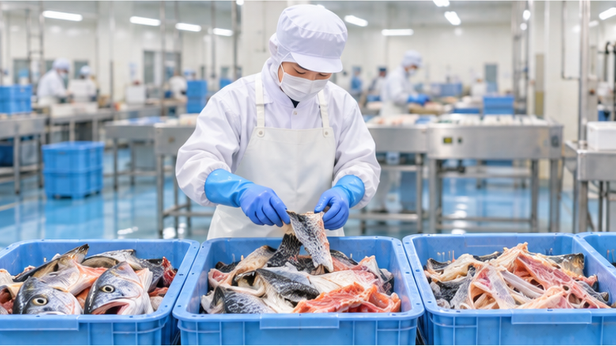 水産加工工場で魚のアラが選別されている様子