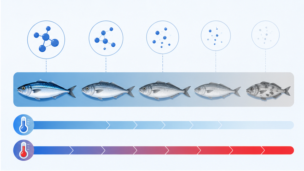 魚のATPがK値の上昇とともに分解していく過程を段階的に示した図解