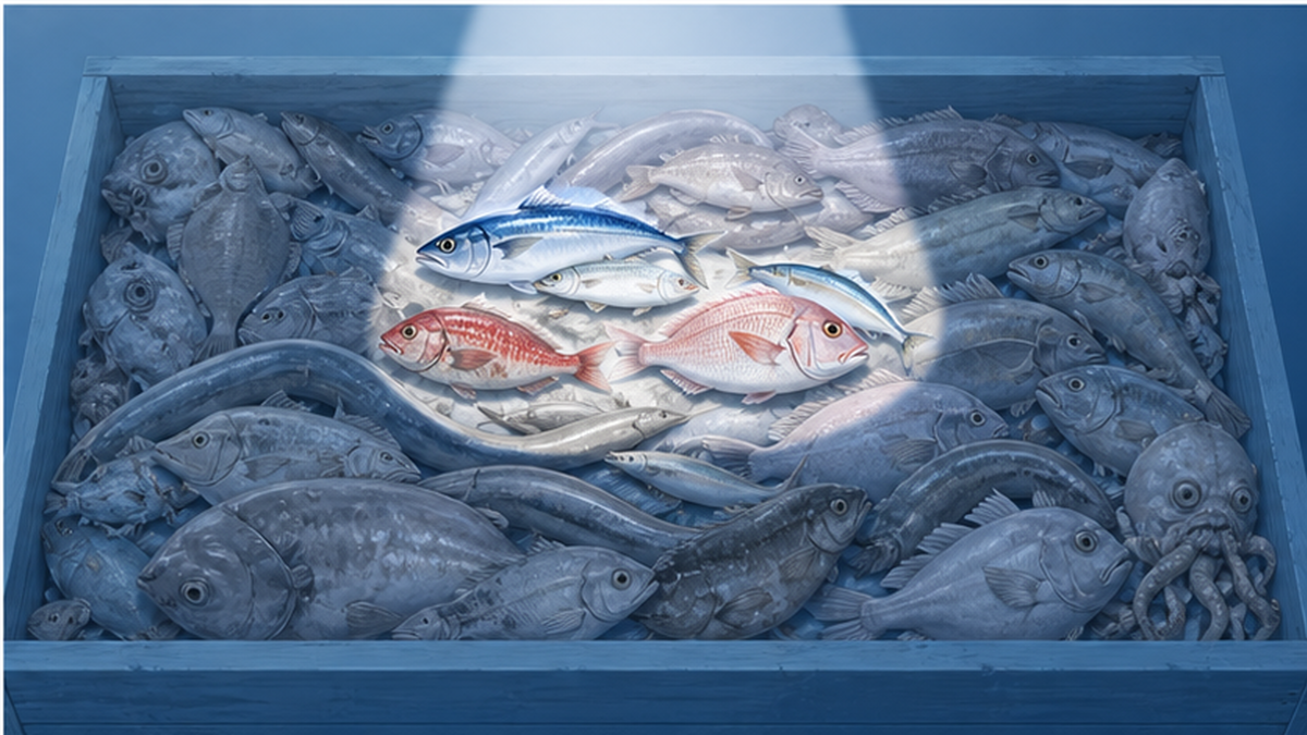 さまざまな形やサイズの見慣れない魚が並び、その中の一部だけに値札が付いている様子を表したイラスト
