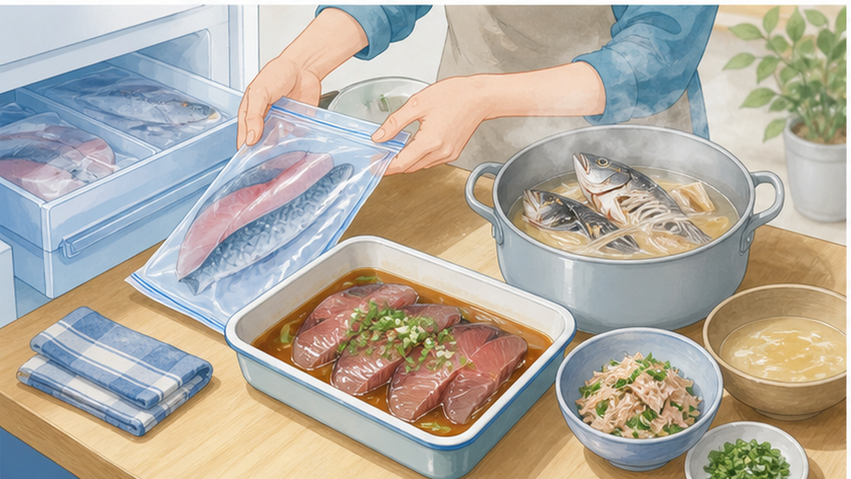 家庭の冷凍庫やキッチンで魚を無駄なく使い切る工夫を表したあたたかいイラスト