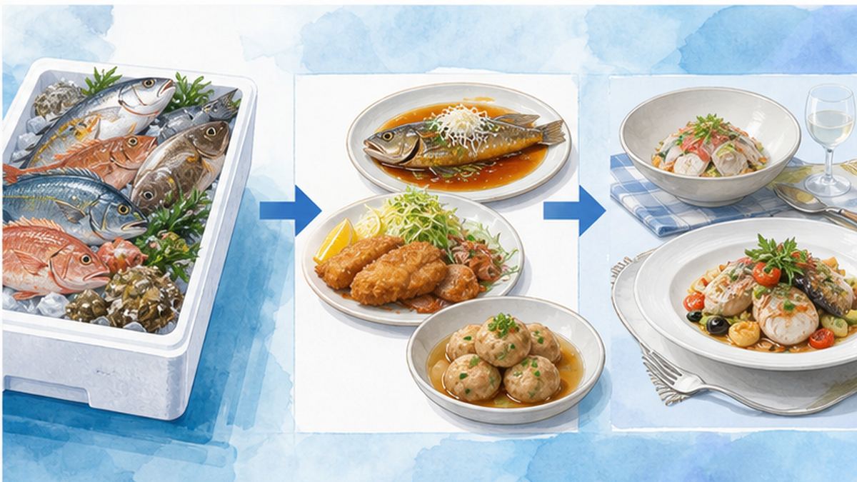 産地直送の箱に入った多彩な未利用魚が家庭やレストランに届き、料理に生まれ変わる循環を描いたイラスト