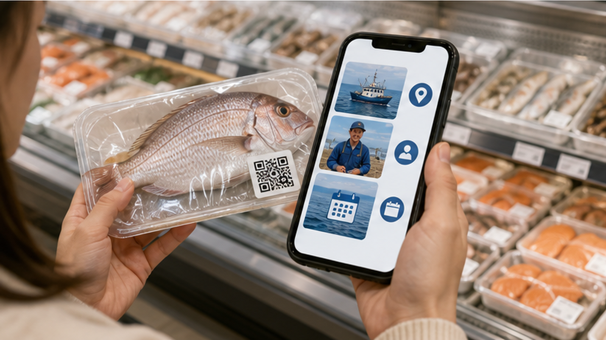 スマートフォンでQRコードを読み取り水産物の漁獲地や漁業者情報を確認する消費者のイラスト