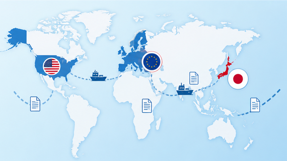 日本・EU・米国の水産物トレーサビリティ制度を比較する世界地図のイラスト