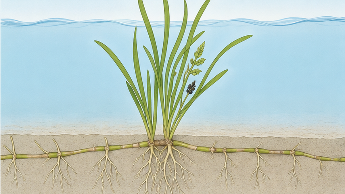 Diagram of eelgrass anatomy, showing the positions of the leaf, leaf sheath, rhizome, roots, flowering shoot and seeds