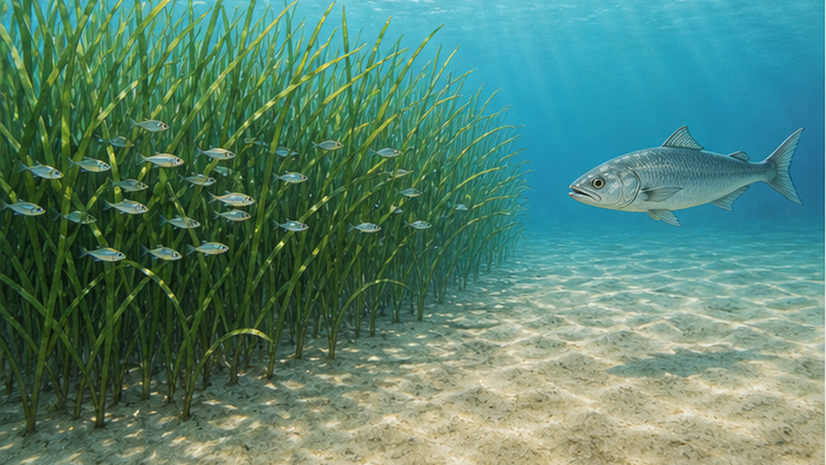 Diagram contrasting juvenile fish sheltering among eelgrass blades with a large fish patrolling outside the meadow