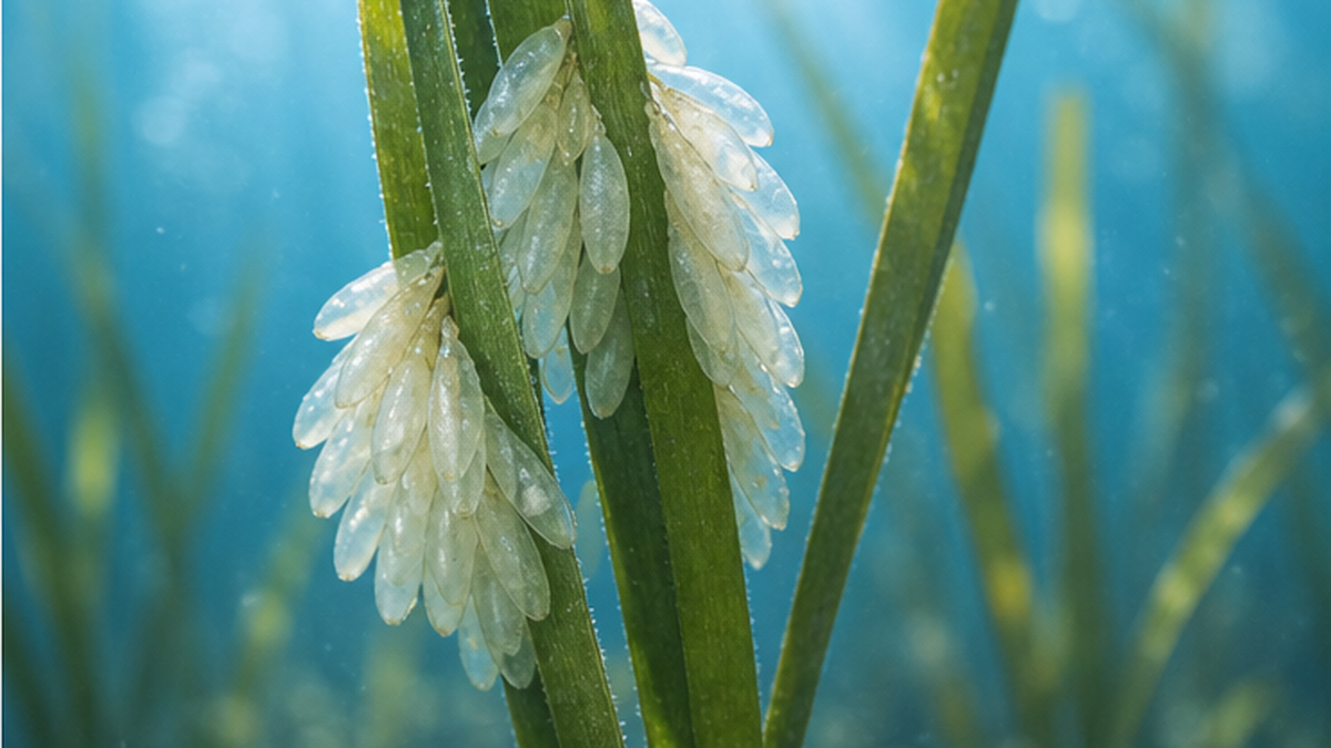 White egg capsules of bigfin reef squid attached to an eelgrass stem