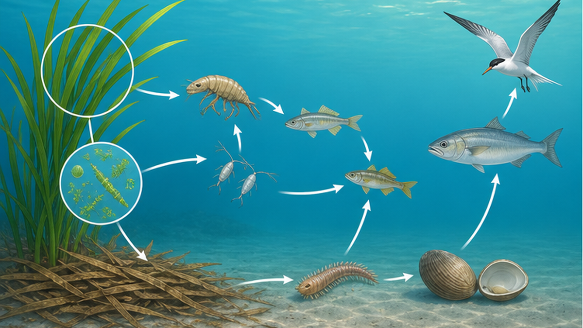 Diagram of an eelgrass meadow food web, flowing from seagrass and epiphytes to epifauna, juvenile fish and larger fish