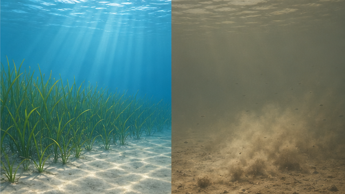 Diagram contrasting water clarity in a sea with eelgrass meadows and a sea where the meadows have been lost